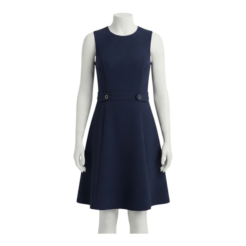 Tory Burch Size 14 Navy Wool Blend Sleeveless Sheath Dress Logo Buttons